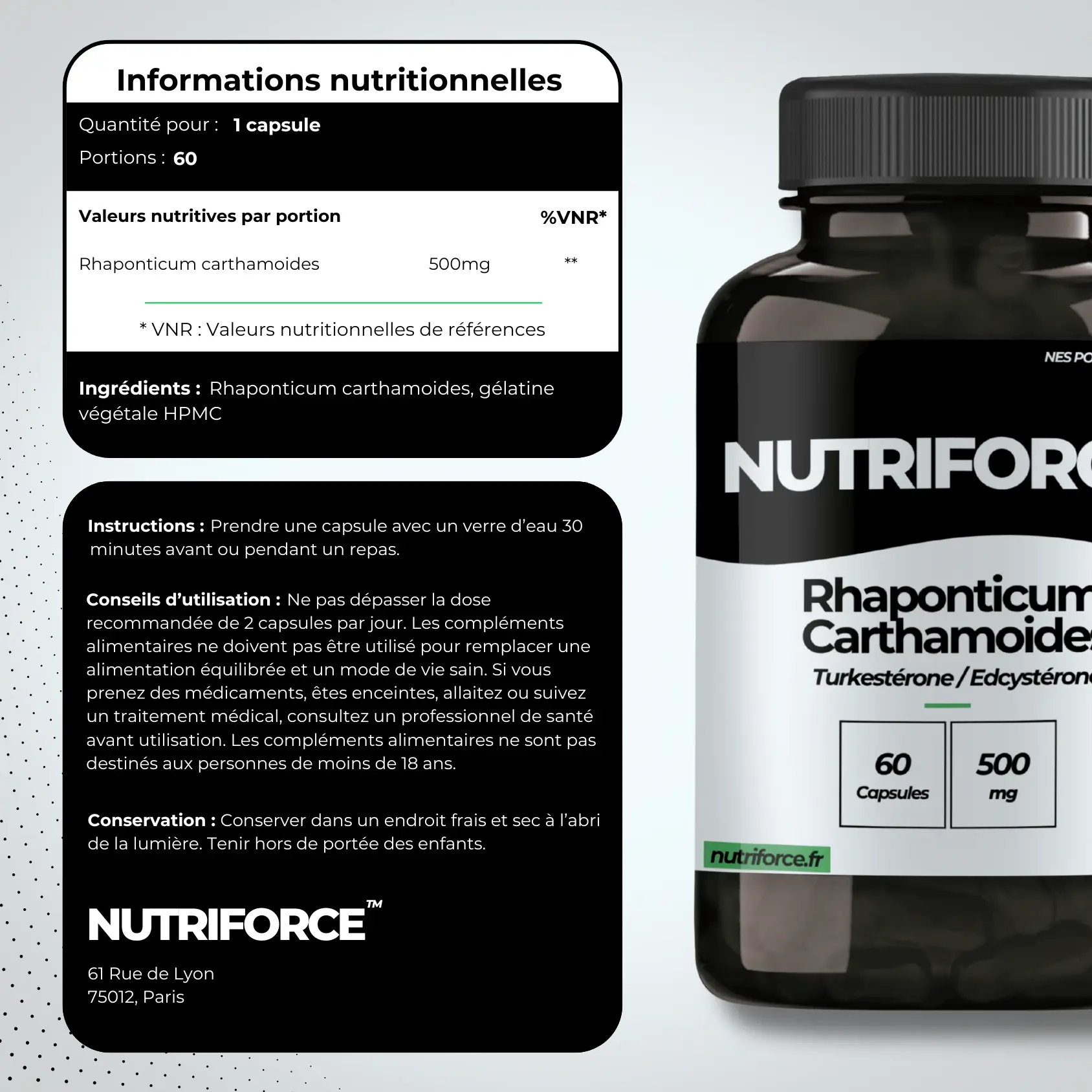 fiche nutritionnelle et transparence avec l'origine de l'ecdystérone et la rhaponticum carthamoides
