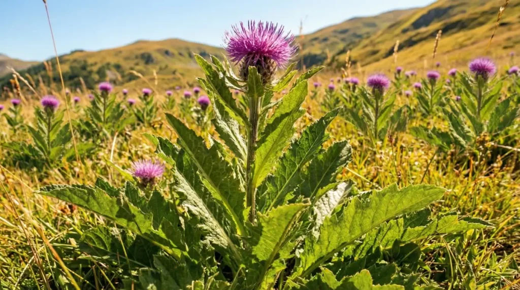 Champ de rhaponticum carthamoides nutriforce ou est produite et extraite l'ecdystérone sans dangers