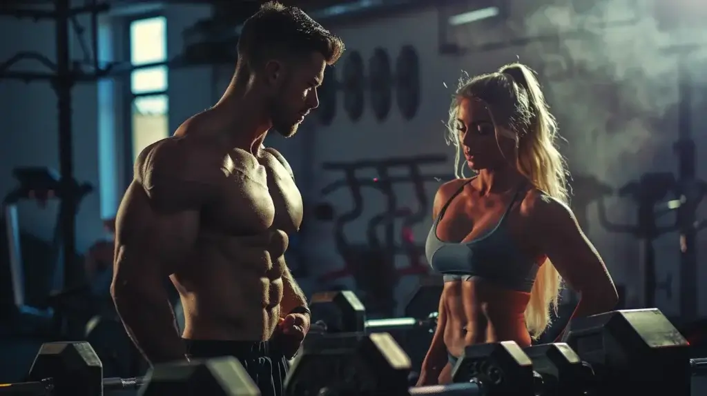 Photo avec une homme et une femme qui font de la musculatio et augmentent leur testostérone avec le shilajit en résine et en capsules gélules de , le bois bandé muira puama est aussi présent