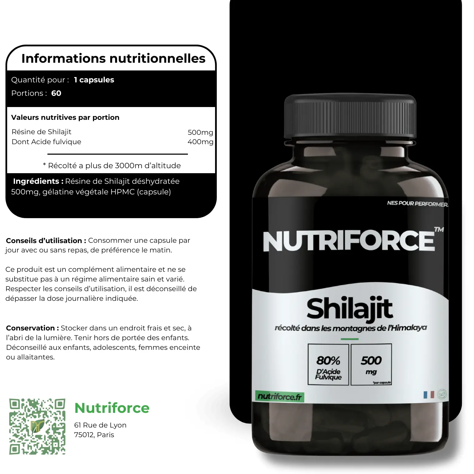 gélules vegan bio de Shilajit de l'himalaya avec 80% d'acide fulvique