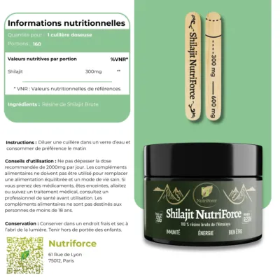 photo de résine de shilajit nutrorce, il s'agit de la fiche de bienfaits du complément alimentaire naturel pour la testostérone et la musculation