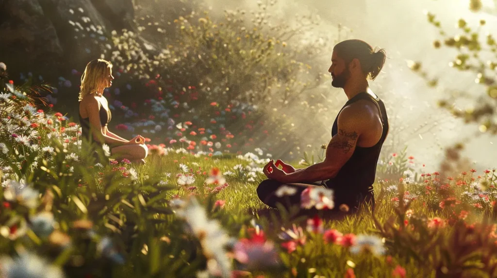 photo d'un homme d'une femme qui méditent et qui sont détendus et sans stress grâce à la rhaponticum carthamoides et l'ajuga turkestanica