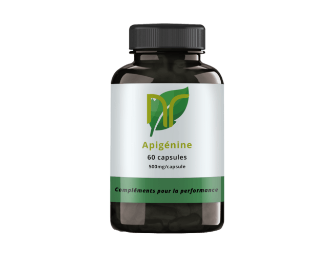 photo d'une boite de 60 capsules de complément alimentaire d'apigénine pour le stress, la récupération et le sommeil. Elle est utilisée en musculation en poudre ou capsules issue de camomille.