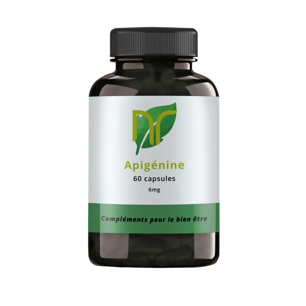 photo d'une boite de 60 capsules de complément alimentaire d'apigénine pour le stress, la récupération et le sommeil. Elle est utilisée en musculation en poudre ou capsules issue de camomille.