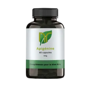 photo d'une boite de 60 capsules de complément alimentaire d'apigénine pour le stress, la récupération et le sommeil. Elle est utilisée en musculation en poudre ou capsules issue de camomille.