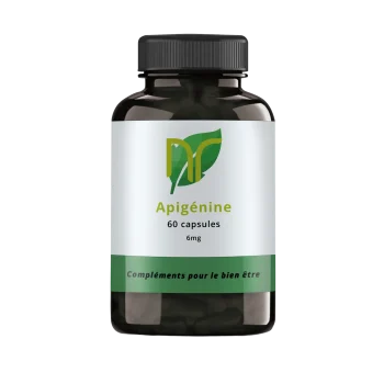 photo d'une boite de 60 capsules de complément alimentaire d'apigénine pour le stress, la récupération et le sommeil. Elle est utilisée en musculation en poudre ou capsules issue de camomille.
