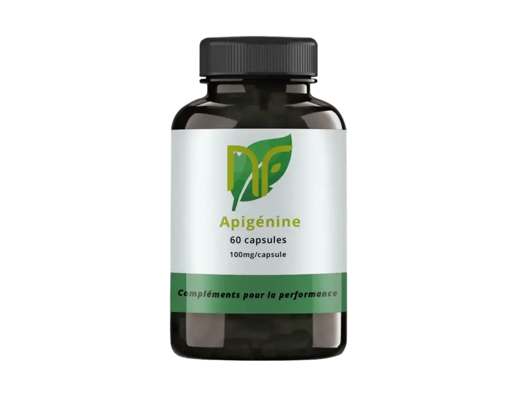 Фотография коробки с 60 капсулами пищевой добавки апигенин для снятия стресса, восстановления и сна. Он используется в бодибилдинге в виде порошка или капсул, полученных из ромашки.