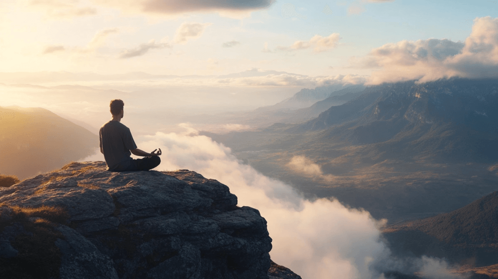 La Bacopa Monnieri à de nombreux bienfaits comme la diminution du stress, on le voit sur cette photo d'un homme en haut d'une montagne de dos entrain de méditer 