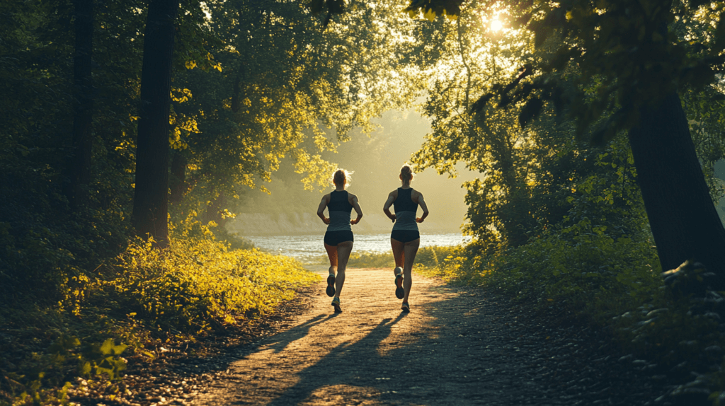 Deux femmes de dos entrain de faire leur footing ensemble en pleine nature