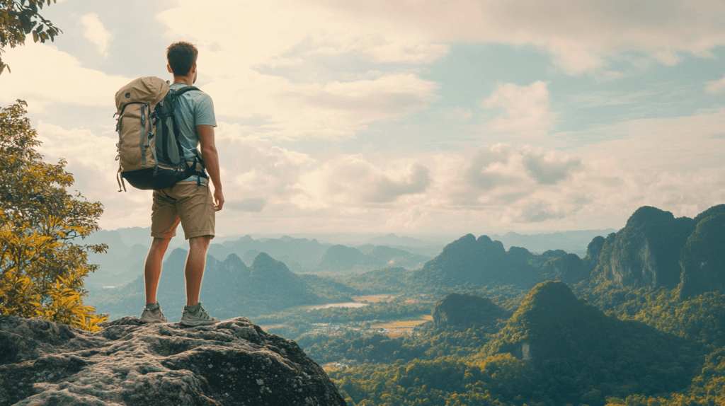 Un homme en haut d'une montagne avec son sac à dos. Il est en hauteur et admire le paysage