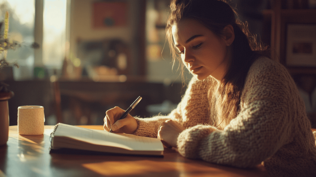 La théanine améliore le stress et les capacités cognitives, la femme sur la photo entrain de noter sur son carnet parait très concentré grace à ce produit 