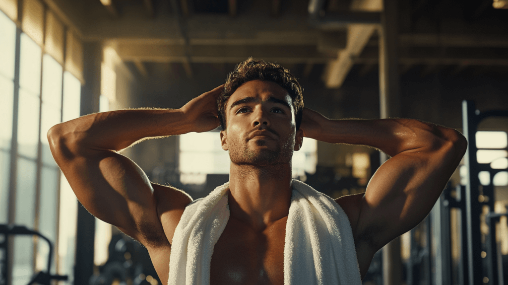 Un homme à la salle de sport en fin de séance avec une serviette autour de coup pour sa transpiration.