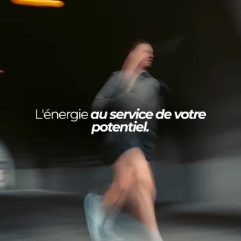 Coureur en mouvement dans un tunnel avec le message L'énergie au service de votre potentiel, visuel de la coenzyme Q10 ubiquinol Nutriforce