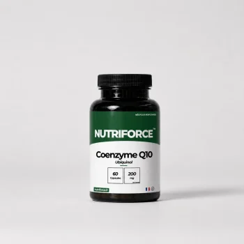 Pot de coenzyme Q10 Nutriforce sous forme d'ubiquinol, 60 gélules dosées à 200 mg d'ubiquinol par gélule, une gélule par jour