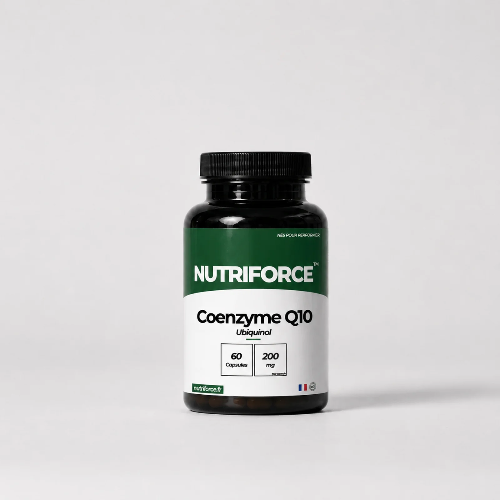 Pot de coenzyme Q10 Nutriforce sous forme d'ubiquinol, 60 gélules dosées à 200 mg d'ubiquinol par gélule, une gélule par jour