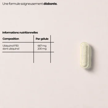 Composition de la coenzyme Q10 Nutriforce par gélule : Ubiquinol P30 667 mg dont 200 mg d'ubiquinol, gélule transparente en HPMC et poudre d'ubiquinol pâle