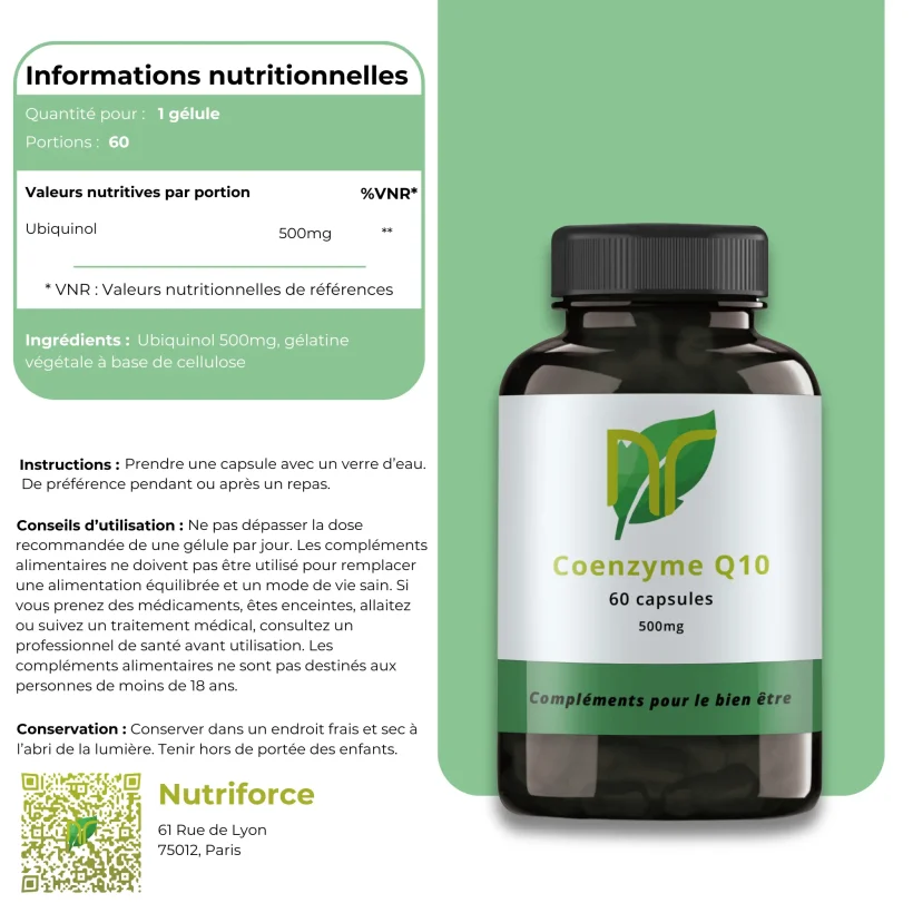 fiche nutritionelle coenzyme q10, un complément alimentaire d'ubiquinol naturel en france pour la santé antioxydant et testostérone