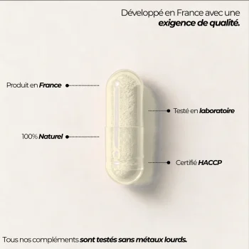 Gélule de coenzyme Q10 Nutriforce remplie de poudre d'ubiquinol blanc cassé, développée et produite en France sous démarche HACCP, contrôlée sans métaux lourds