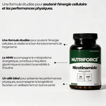 Pot de NMN Nutriforce et ses points clés : du bêta-nicotinamide mononucléotide pur, 500 mg par capsule, sans aucun autre actif ajouté