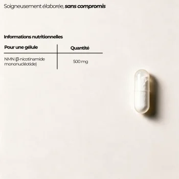 Tableau nutritionnel du NMN Nutriforce pour une gélule : 500 mg de bêta-nicotinamide mononucléotide, un seul ingrédient actif et rien d'autre