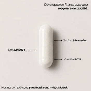 Capsule de NMN Nutriforce et ses repères qualité : développée en France, testée en laboratoire, certifiée HACCP et contrôlée sans métaux lourds