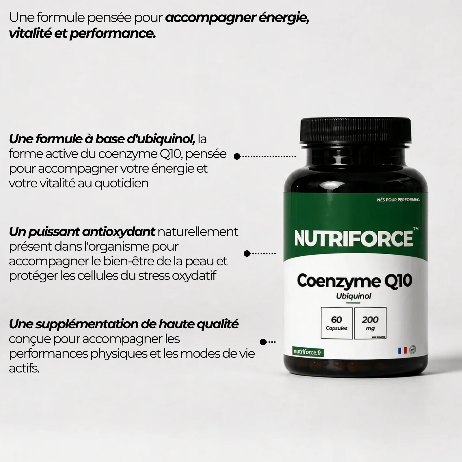 Coenzyme Q10 Nutriforce à base d'ubiquinol, la forme réduite de la CoQ10, 200 mg par gélule, pour les sportifs et les modes de vie actifs