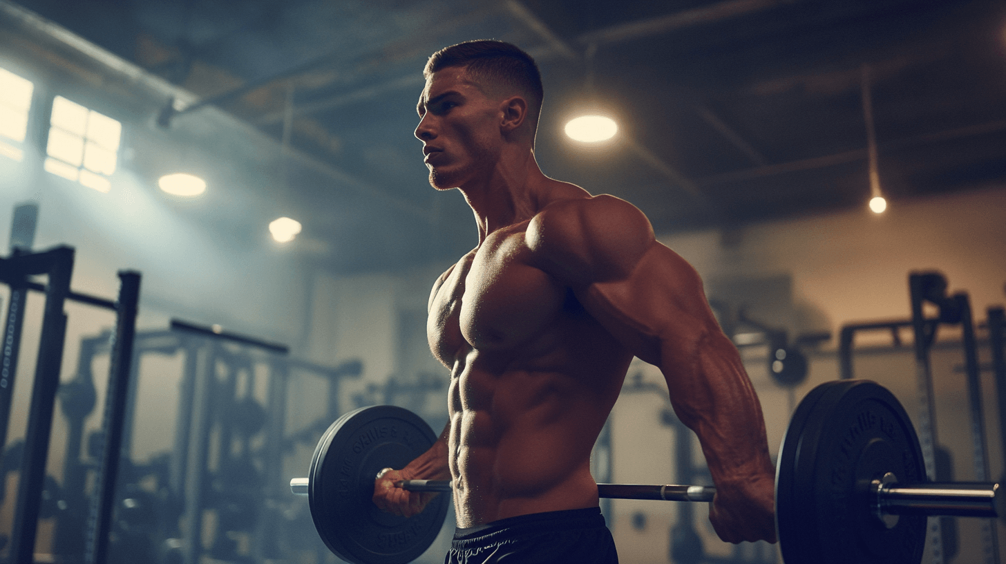 Une homme dans une salle de musculation avec une altère dans les mains. L'image montre un homme qui utilise des compléments alimentaire pour la perte de poid la sèche et la musculation 