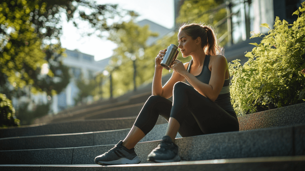 Une femme en tenue de sport assise sur un escalier qui boit un shaker protéiné de L carnitine