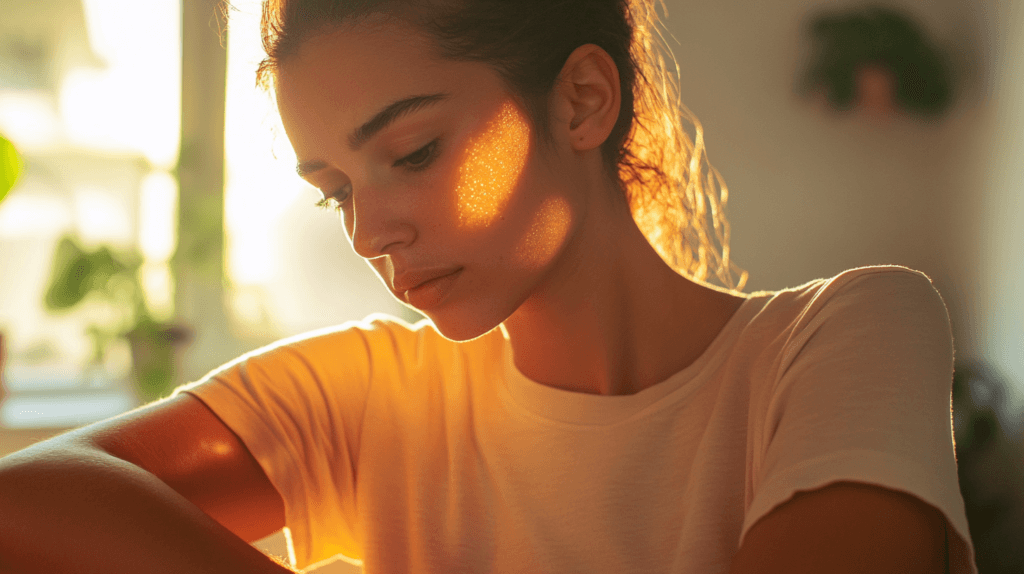 Une femme qui se regarde la peau avec précision