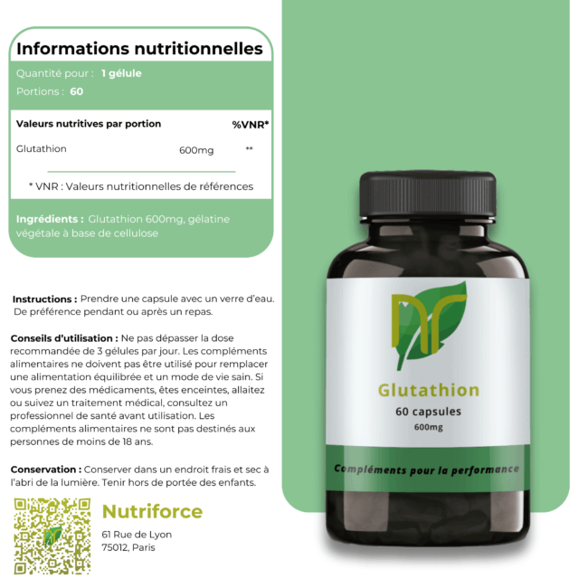 information nutritionelle du complément alimentaire de glutathion pour la peau et les cheveux