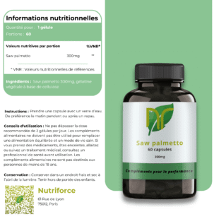 Valeurs nutritionnelles du complément saw palmetto de qualité de chez Nutriforce