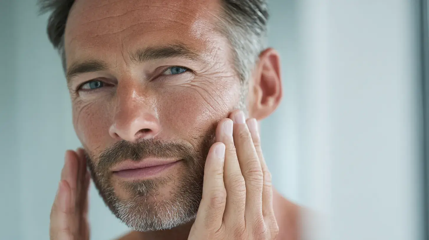 Portrait photoréaliste d’un homme adulte à la peau clean, lumineuse et bien soignée, appliquant une crème visage, illustrant les bienfaits astaxanthine dans une routine skincare naturelle.