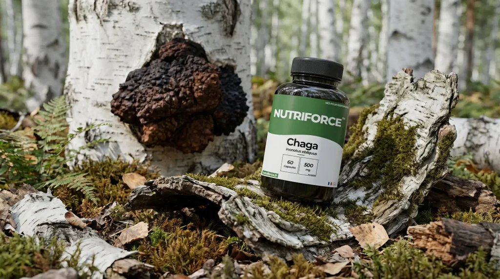 Chaga est un puissant antioxydant, on peut voir des champignon représentant le produit