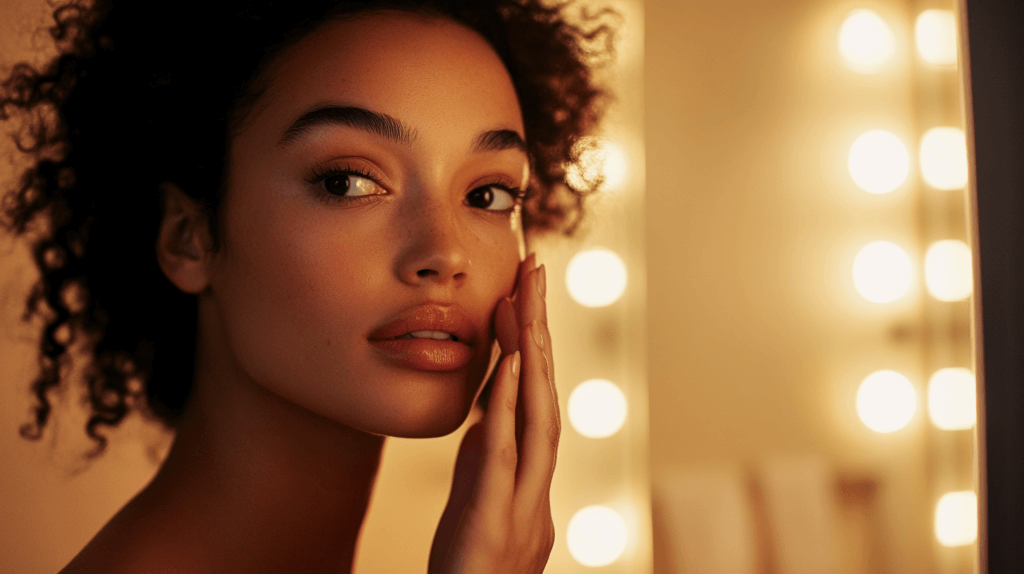 Une jeune femme avec une belle peau devant son miroir. L'image montre les bienfaits de la plante Centella asiatica