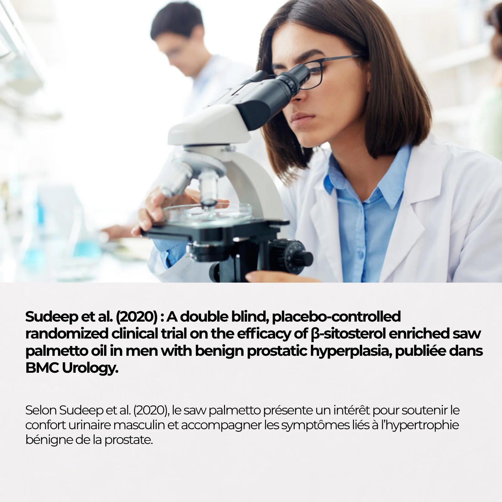 Étude Sudeep 2020 publiée dans BMC Urology, essai randomisé en double aveugle contre placebo sur une huile de saw palmetto enrichie en bêta-sitostérol