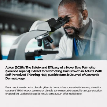 Étude Ablon 2026 publiée dans le Journal of Cosmetic Dermatology : six mois d'extrait de saw palmetto contre placebo chez 60 adultes, essai en double aveugle