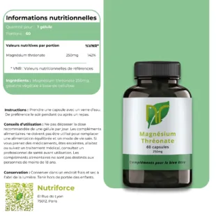 fiche d'informations nutritionelles a propos du complément alimetaire de magnésium thréonate contre le stress et l'anxiété, un nootropique pour le cerveau