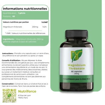 fiche d'informations nutritionelles a propos du complément alimetaire de magnésium thréonate contre le stress et l'anxiété, un nootropique pour le cerveau