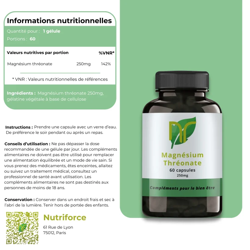 fiche d'informations nutritionelles a propos du complément alimetaire de magnésium thréonate contre le stress et l'anxiété, un nootropique pour le cerveau