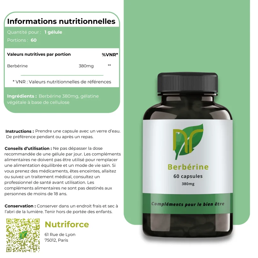 fiche nutritionelle nutriforce de la berbérine, un complément naturel pour la peau, la digestion et ses autres bienfaits