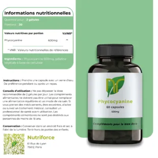 photo d'une boite de phycocyanine pure issue de spiruline, ce complément alimentaire bleue de Nutriforce France est affiché avec toutes ces informations nutritionnelles a gauche de l'image