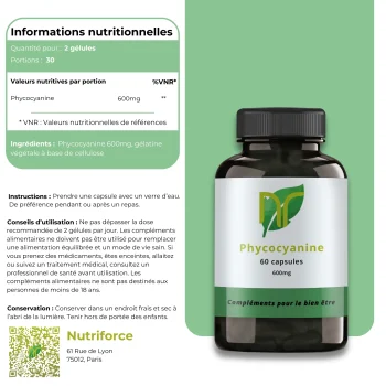 photo d'une boite de phycocyanine pure issue de spiruline, ce complément alimentaire bleue de Nutriforce France est affiché avec toutes ces informations nutritionnelles a gauche de l'image
