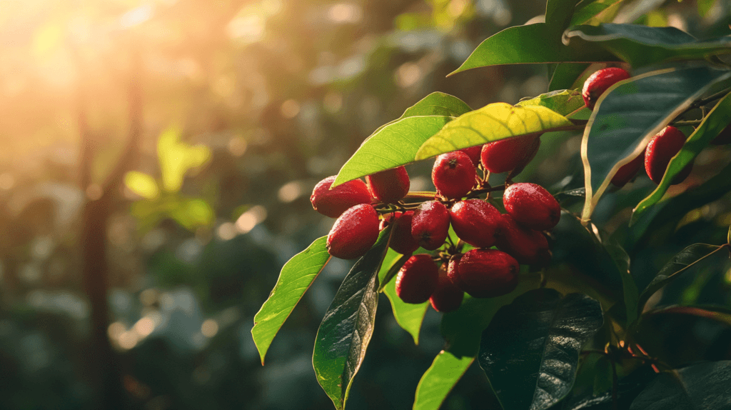 Guarana rouge vif avec ses feuilles. le guarana est un super-aliment avec des bienfaits stimulant et sur la perte de poids 