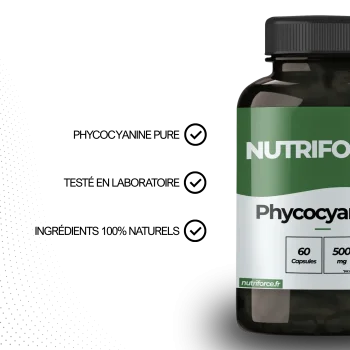 Phycocyanine pure Nutriforce, extrait de spiruline en gélules de 500 mg, pot de 60 capsules