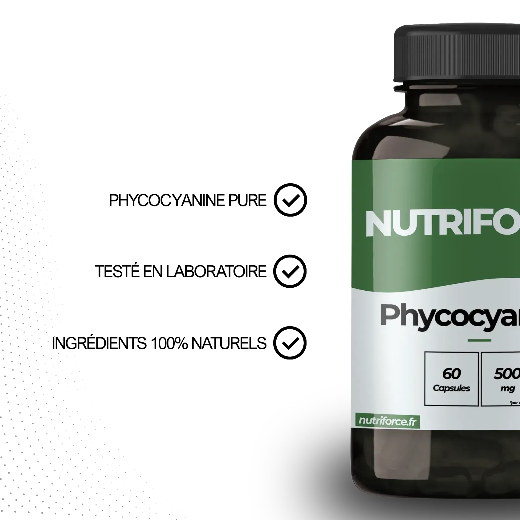 Phycocyanine pure Nutriforce, extrait de spiruline en gélules de 500 mg, pot de 60 capsules