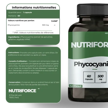 Valeurs nutritionnelles de la phycocyanine Nutriforce : 500 mg de phycocyanine (extrait de spiruline) par gélule, 60 portions par pot, gélule végétale HPMC
