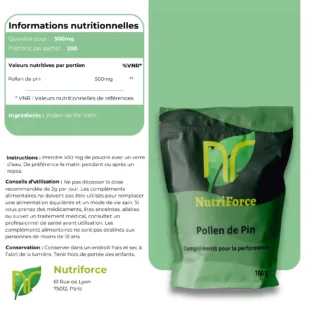 fiche nutritionelle du pollen de pin nutriforce avec les informations a gauche pour la la musculation et l'effet booster de testostérone