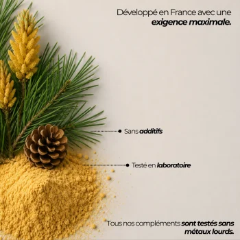 Pollen de pin Nutriforce présenté avec des pommes de pin : sans additifs, testé en laboratoire et contrôlé sans métaux lourds