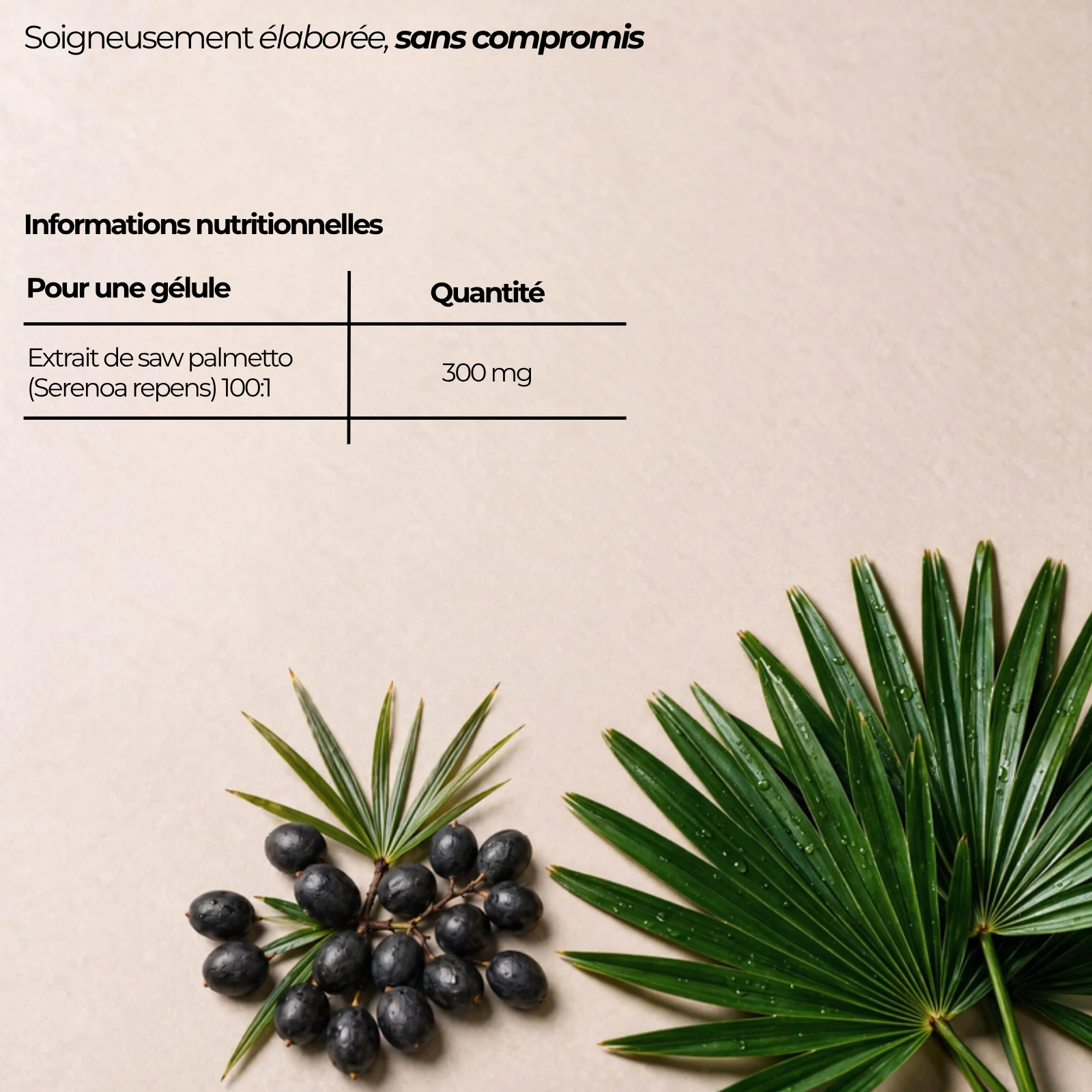 Tableau nutritionnel du saw palmetto Nutriforce pour une gélule : 300 mg d'extrait de Serenoa repens au ratio 100:1, à côté de baies de palmier nain