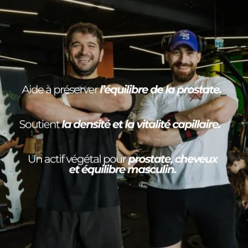 Deux sportifs en salle de sport : le saw palmetto Nutriforce est un extrait de Serenoa repens dosé à 300 mg par gélule, une gélule par jour